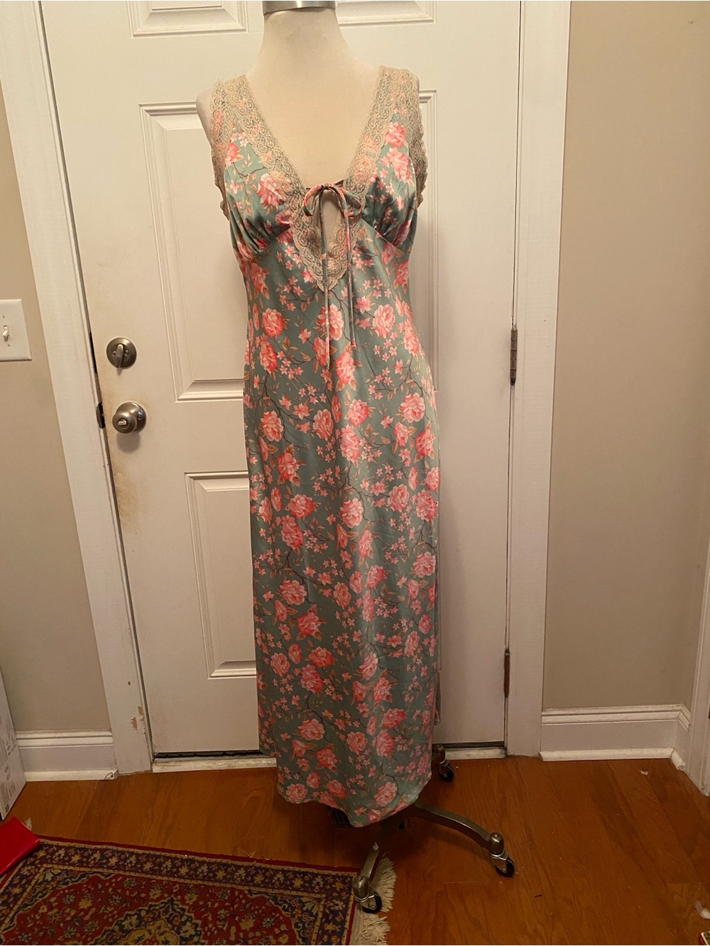 Floral Lace-Trim Maxi Dress in Sage Green and Pink